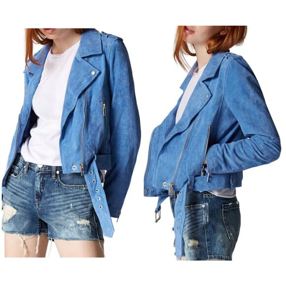 Blank NYC Jackets & Blazers - BLANKNYC Suede Leather Moto Jacket Womens Large Blue Crop Biker Steampunk Rock